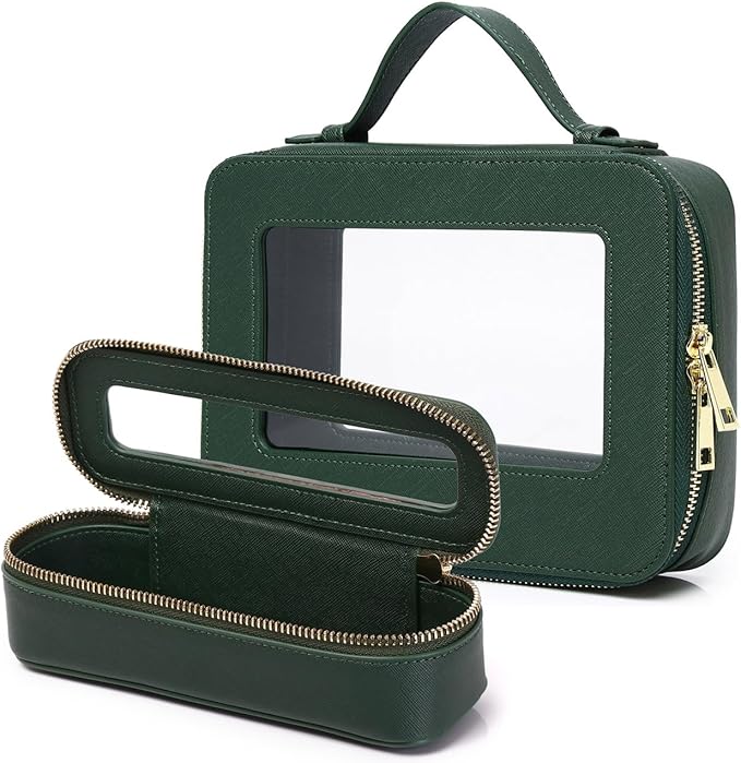 Pinkmik Travel Makeup Bag with Brush Holder Portable Clear Cosmetic Case Waterproof Toiletry Bag Cosmetic Organizer for Women (X/Green, L+SLIM)