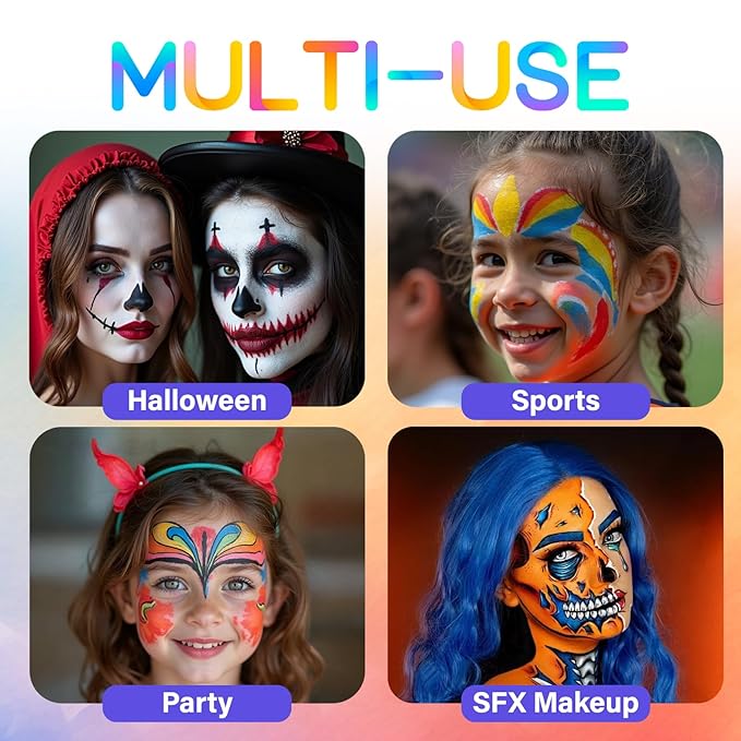10 Colors Face Body Paint Set, Water Based Body Paint for Adults & Kids, Washable Face Paint Kit with Brushes & Sponges, Non-Toxic Face Painting for Halloween Party Cosplay Stage Makeup