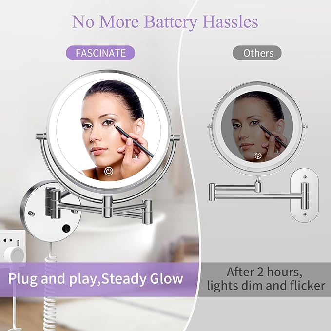 Wall Mounted Makeup Mirror with Lights, Magnifying Mirror 10X/1X Double-Sided, Plug-In Vanity Mirror with 3 Color Lights & Brightness Dimmable, 360°Swivel Extendable Mirror for Grooming & Shaving