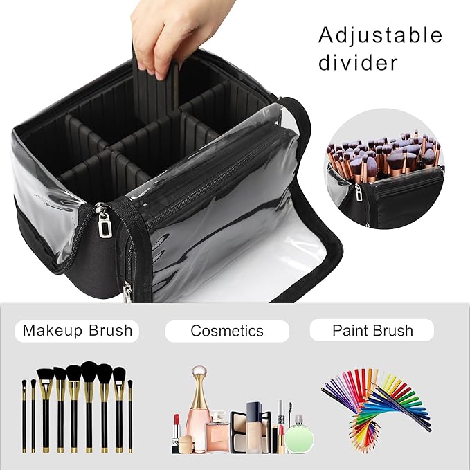 Makeup Brush Case, Extra Large Stand-up Makeup Cup Travel Makeup Brush Bag Foldable Professional Cosmetic Bags Artist Storage Case with Adjustable Divide&Strap (01A-Black（X Large）)
