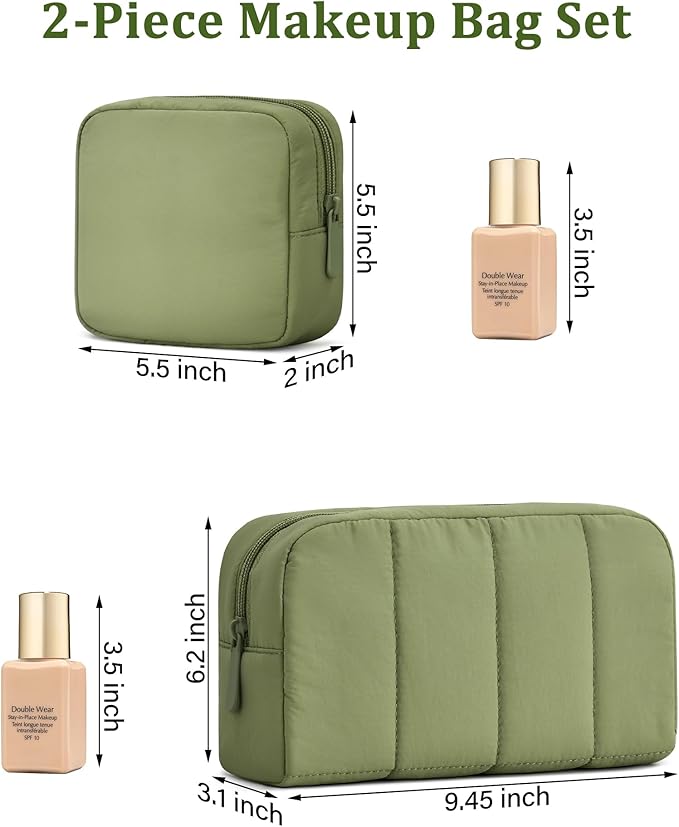 oscaurt 2 Pcs Makeup Bag Travel Toiletry Bag for Women Puffy Padded Cosmetic Pouch Purse Wide-open Makeup Organizer Case Travel Essentials