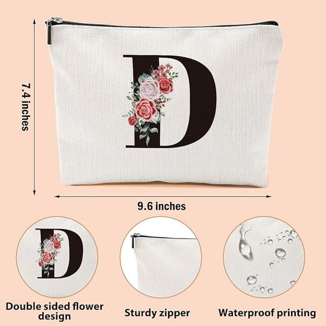 Personalized Makeup Bag, Initial Letter D Makeup Bag for Women Rose Monogram Cosmetic Bags Toiletry Pouch, Monogrammed Gifts for Women Mom Grandma Sister Friends Thanksgiving Christmas Birthday Gift