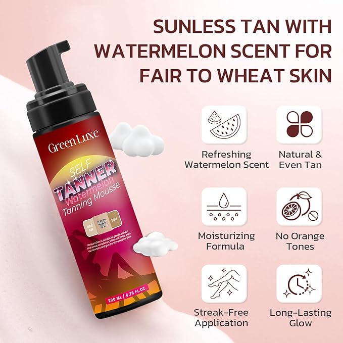 Self Tanner Mousse Kit – Light Medium Glow Sunless Tanning Foam with Hyaluronic Acid for Hydrating - Flawless & Streak-Free Watermelon Scent Fake Tan Mousse with Mitt 200 ml