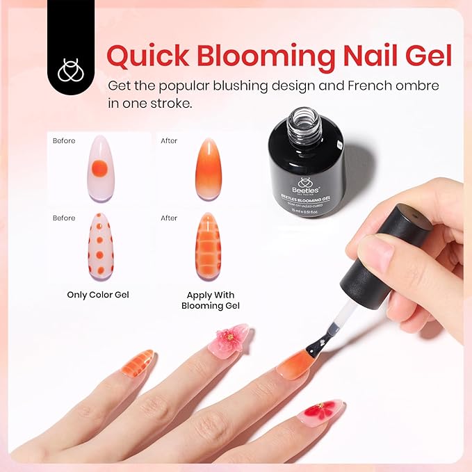 Beetles Blooming Gel and Extra Glossy No Wipe Gel Top Coat Nail Polish Halloween Set, for Spreading Effect Marble Natural Stone Watercolor Floral Print Nail Art Painting