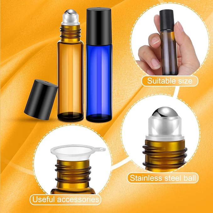 Sumind 150 Pcs Essential Oil Roller Bottles 10 ml Glass Empty Roll on Bottles with Stainless Steel Balls Leak Proof with 5 Funnel for Travel Essential Oil(Amber, Blue)