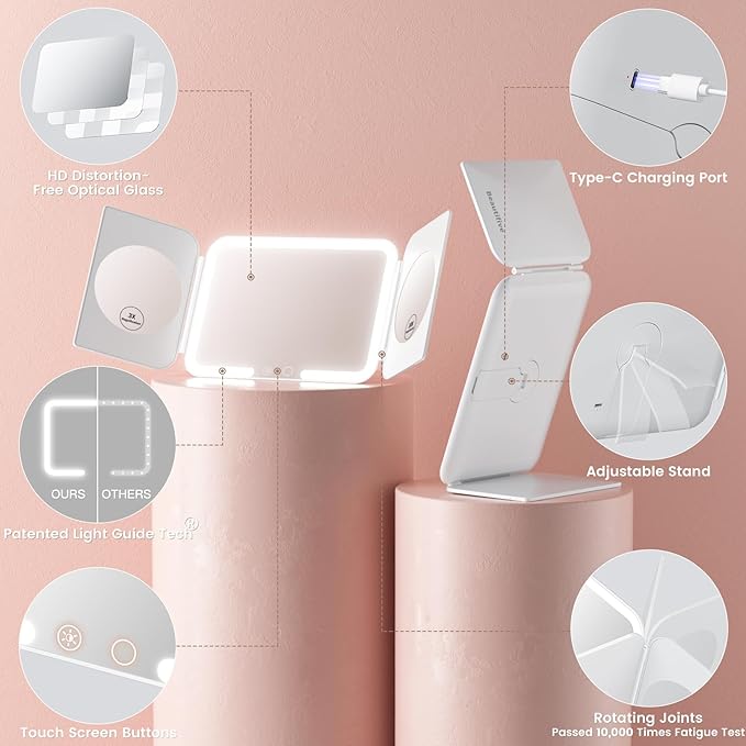 Trifold Travel Lighted Makeup Mirror, 5000mAh Rechargeable Light Up Magnifying Mirrors 1X/3X/10X, 3 Color Lighting&Stepless Dimming, Ultra Bright and Multi-Angle Adjustment