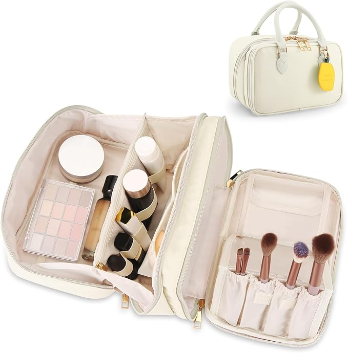 Travel Makeup Bag for Women Fashion Large Capacity Pouch Open Flat Cosmetic Portable Organizer Waterproof Large Opening Storage Toiletry Bags Vertical Free-Standing Brush Holder for Easy Access Beige