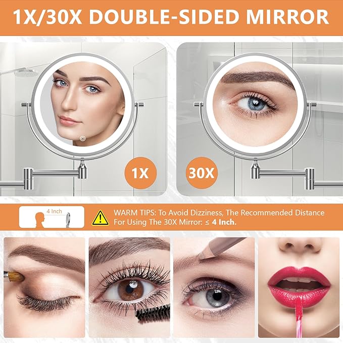 1X/30X Wall Mounted Makeup Mirror with Light, 8" Rechargeable Double-Sided Magnifying Mirror, Vanity Mirror Dimmable 3 Color Light, 360° Extension Rotation Foldable 14.5 Inch Arm, Chrome