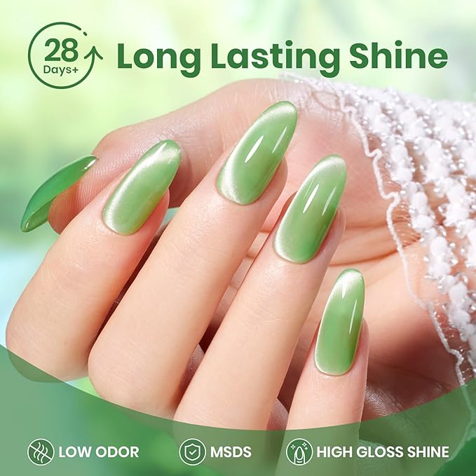 Beetles Green Cat Eye Gel Polish, 15ML Light Green Glass Cat Eye Glitter Gel Polish with Magnet Shimmer Translucent Sheer Color Soak Off UV Lunar Gleam Series French Nail Art Gift for Women
