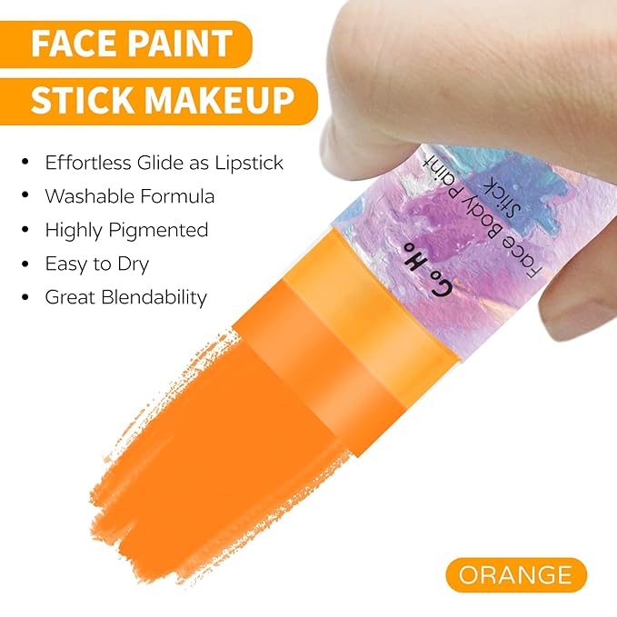 Go Ho Water Based Orange Face Body Paint Stick,Non-Toxic Face Painting,Easy-to-use Orange Facepaint for Starfire Pumpkin Halloween SFX Cosplay Costume Makeup,0.63oz