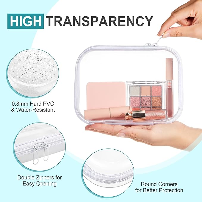Sanwuta 6 Pcs Clear Hard Zipper Case Pencil Pouches Hard Plastic Zipper Pouches Makeup Bag Transparent Cases for Snacks Plastic Storage Organizer Box for Travel(White,7.09 x 5.12 x 2 Inch)