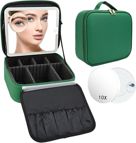 Travel Makeup Bag with LED Mirror and 10x magnifying glass with 3 Lighted Settings, Adjustable Dividers and Makeup Brush Storage Bag Dark Green