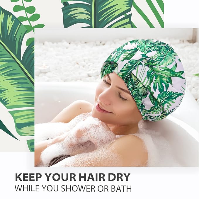 INNELO Luxury Shower Cap for Women Reusable Waterproof, Double Layered Shower Hair Cap with Adjustable Elastic Strap, Large Satin Lined Shower Bath Cap for Long Curly Straight Hair, Palm leaves