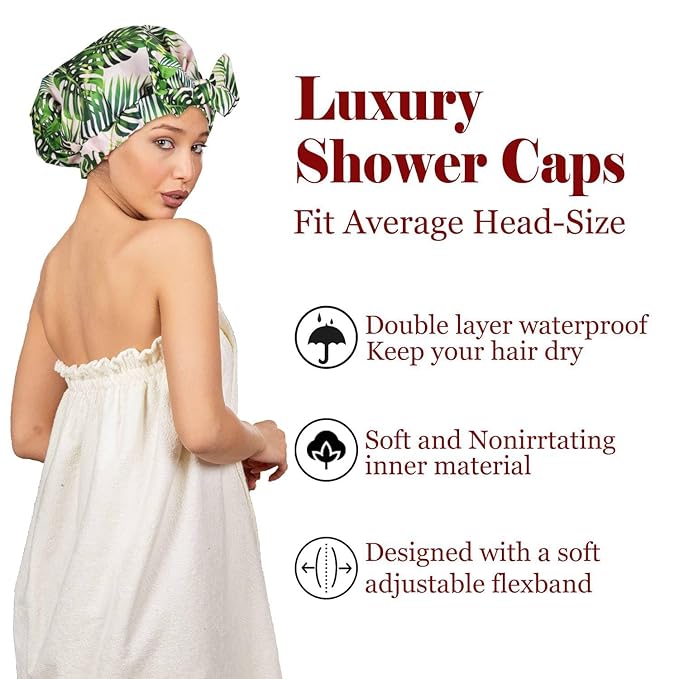 Shower Cap Luxury Shower Caps for Women Reusable Waterproof Hair Cap for Shower with Adjustable Bowknot Hair Bath Cap (Green Palm)