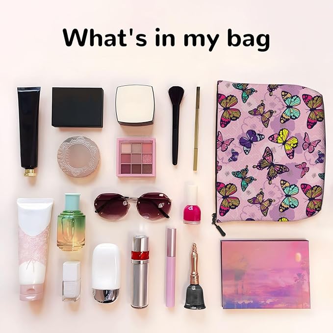 MOLAIGIN Pink Butterfly Butterflies Cosmetic Bag For Women, Travel Makeup Bag, Toiletry Zipper Bag, Large Capacity Aesthetic Cases