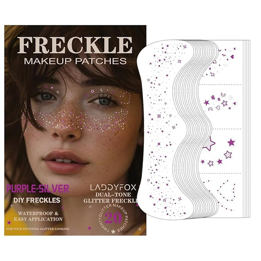 20 Pcs Purple and Silver Face Makeup Patches, Purple-silver Glitter Freckles, Halloween Glitter Freckles Face Tattoo, Waterproof Face Sparkle Freckles, Long-Lasting 48h Freckles for Women