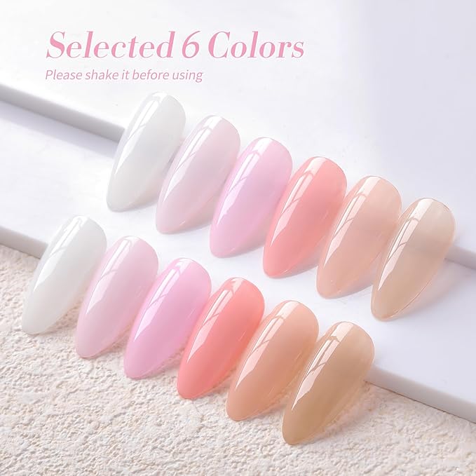 Born Pretty French Manicure Gel Nail Polish French Base Color Gel Polish Jelly Gel Nail Polish Set Sheer Milky Jelly Nude Pink Gel Polish Nail Art DIY at Home 6PCS