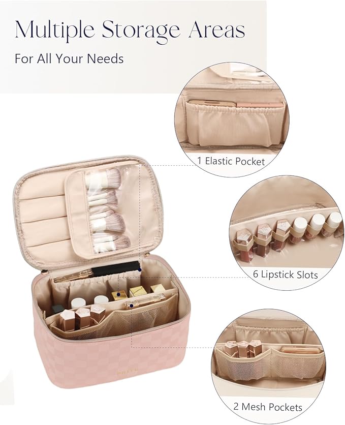 Prite Makeup Bag Portable Cosmetic Organizer with Brush Holder Waterproof Travel Toiletry Bag for Women with Handle and Divider (Checkered Pink)