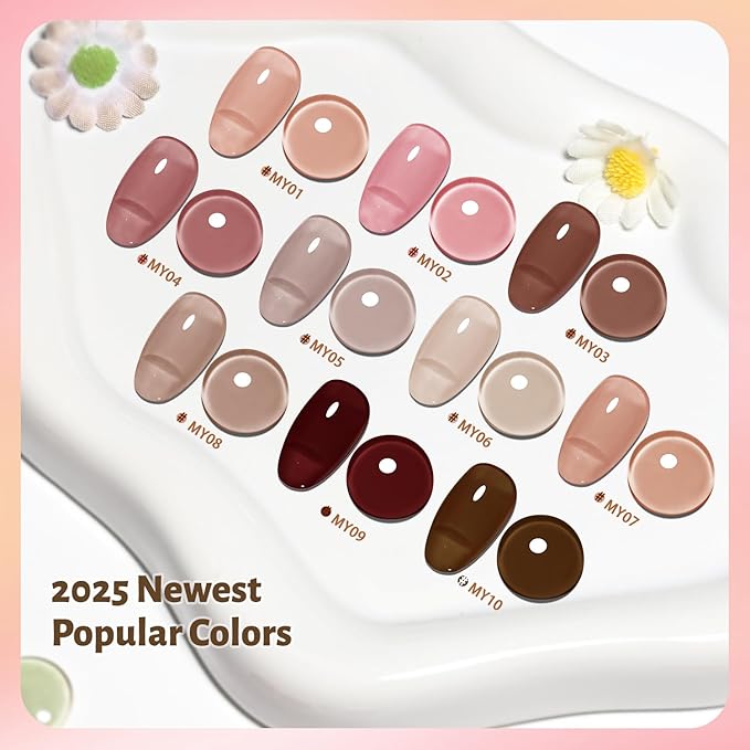 Jelly Nail Polish Set, 10 Color With 2PCS Base and Top Coat Quick Drying High Gloss Shine Jelly Nail Polish Translucent Amber Gray Red Nude Color Holiday Gift Giving