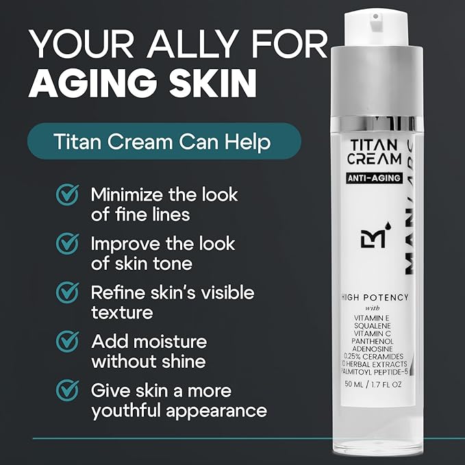 Titan Anti-Aging Mens Face Cream – Mens Face Moisturizer – For Men, Face Lotion – Men, Skin Care – Tighten, Tone, Revitalize – Ceramides, Vitamin C & E, Squalane – All Skin Types – Unscented