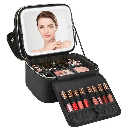Relavel Makeup Bag with LED Mirror, Small Travel Makeup Case with Rechargeable Lighted Mirror 3 Color Lights, Double Layer Cosmetic Box Makeup Brush Lipstick Holder Organizer for Women, Black