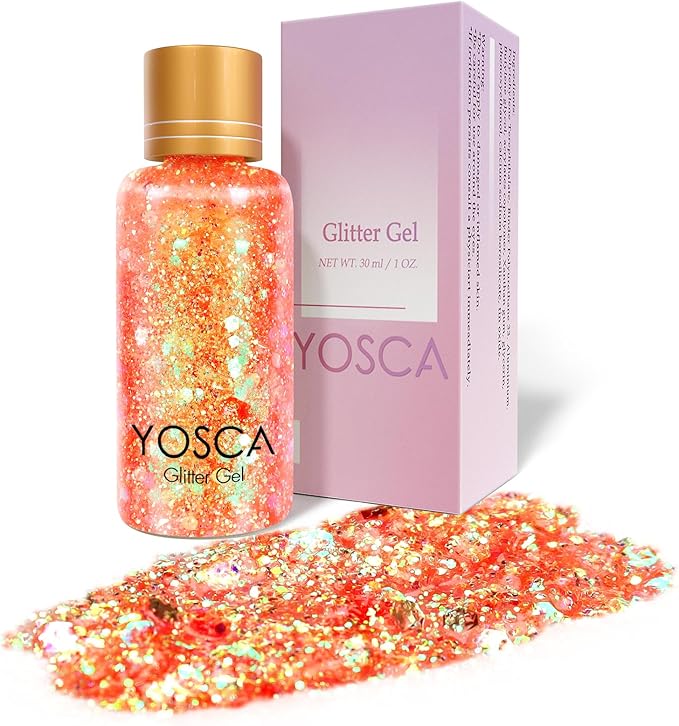 Yosca Body Glitter Gel, 30ML Orange Mermaid Face Glitter, Cosmetic Hair Chunky Glitter Sequins for Concert Dating Party Cheer Theme SFX Makeup Valentines Christmas Rave Accessories - Morning Pink