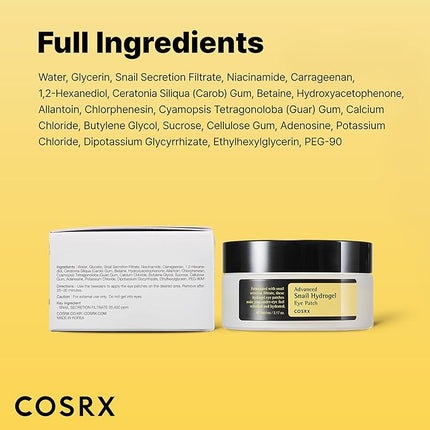 COSRX Advanced Snail Hydrogel Eye Patch (60pc), Gel Serum Mask, Puffy Under Eye Treament, Fine Lines, Refresh, Hydrate, Korean Skin Care