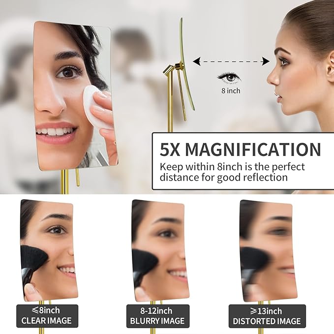 DOWRY 5X Tabletop Magnifying Makeup Mirror Adjustable Rectangular Vanity Mirror for Bedroom 304 Stainless Steel Gold Brushed