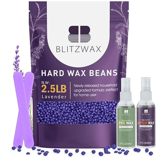 BLITZWAX 2.5lbs Hard Wax Beads for Hair Removal Lavender Waxing Beans for Sensitive Skin, Face, Eyebrows, Brazilian, Legs and Bikini - with 2 Silicone Sticks and 2 Wax Oils for Home and Salon Use