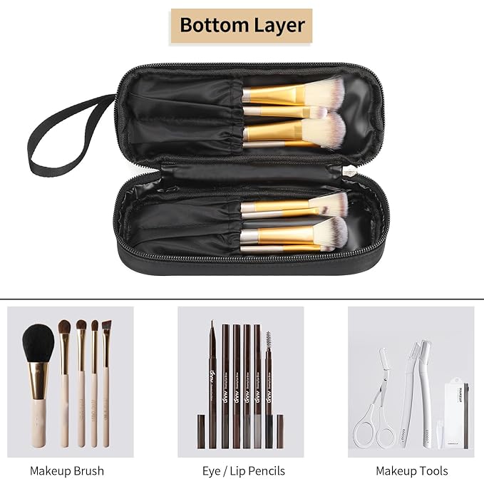 Ethereal Small Makeup Bag, 2 Layers Travel Makeup Bag with Makeup Brush Holder, Cosmetic Bag Black Make up Pouch for Women/Girls