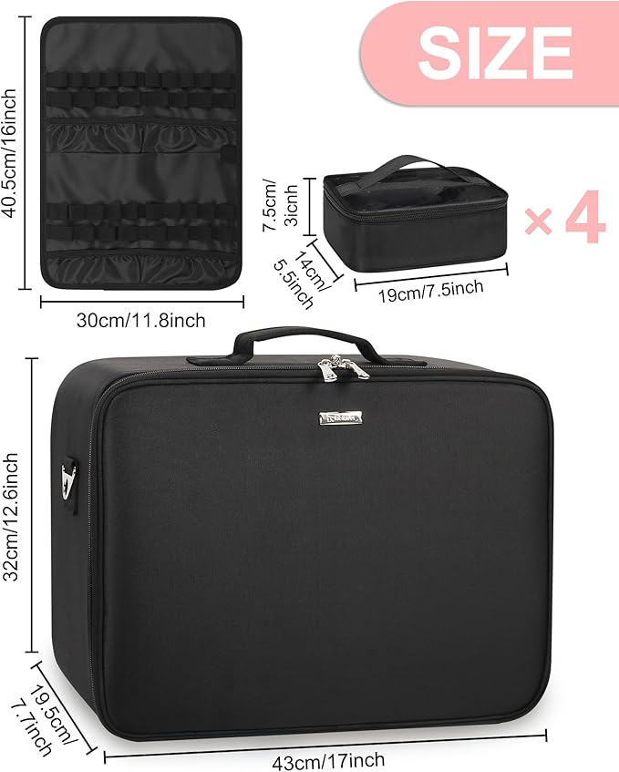 Relavel Extra Large Cosmetic Case, Travel Makeup Bag with 4 Clear Pouches & Lipstick Plate, Portable Cosmetic Case Storage Organizer Box for Makeup Artists with Shoulder Strap & Adjustable Dividers