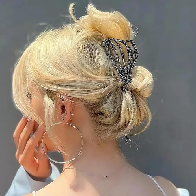 2 Pcs Halloween Hair Clips Black Sliver Skeleton Hand Hair Claw Clips Metal Non Slip Hair Claw Gothic Claw Clip Halloween Hair Accessories for Women's Thick or Thin Hairs