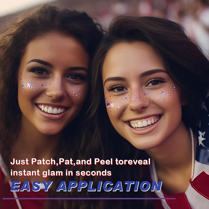 20 Pcs Blue Red and White Glitter Freckles Face Tattoos, Independence Day Glitter Freckles, Waterproof Temporary Face Tattoos for Women and Kids, USA Patriotic, Memorial Day Fake Tattoos