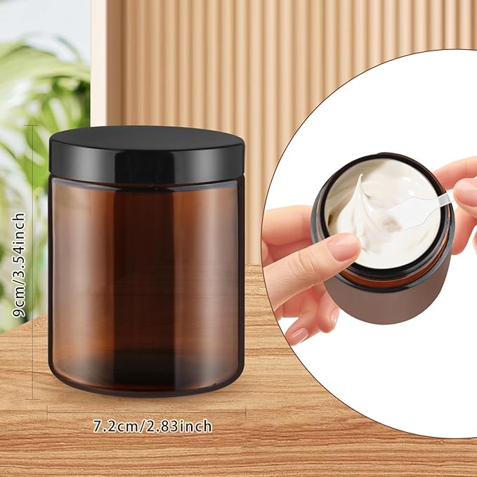 8 Pcs Amber Glass Cream Jar Refillable Empty Cosmetic Storage Bottle Sample Container Pot with Black Lids for Make Up Lotion Face Cream - 270ml/9oz