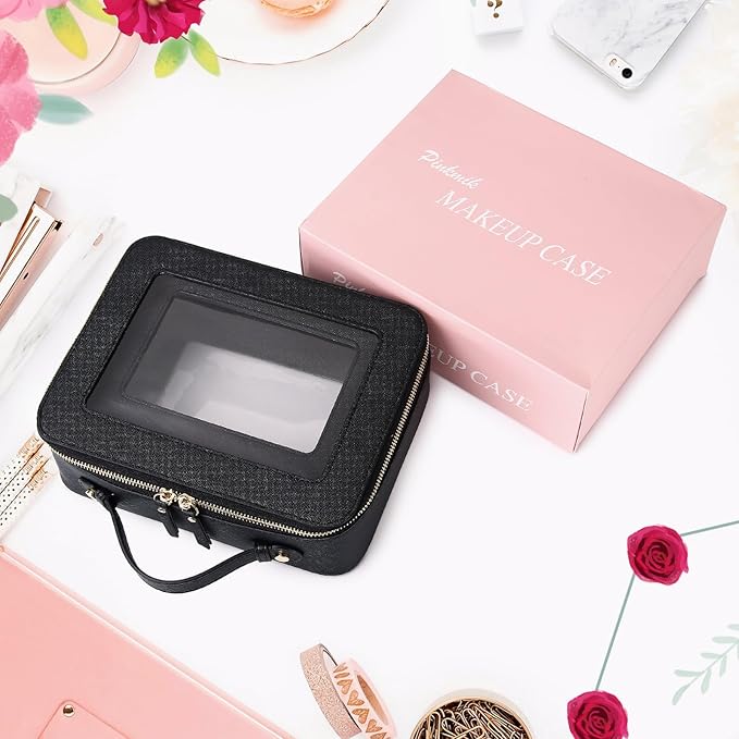 Pinkmik Clear Makeup Bag for Women Waterproof Travel Cosmetics and Toiletries Case Portable Makeup Oaganizer Bag Clear Car Bag with Zipper (Black, M+L)