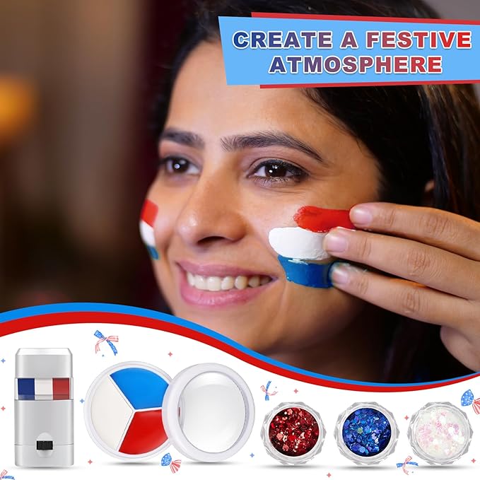 19 Pcs Halloween Face Paint Kit Red White Blue Face Paint Kit with Glitter Stencil Stickers Paint Stick Makeup Brush for Halloween Party Supplies