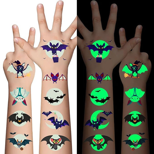 Halloween Luminous Bat Temporary Tattoos for Kids - 10 Sheets Glow In The Dark Halloween Bat Theme Tattoos for Boys and Girls, Halloween Cosplay Face Makeup Accessories Holiday Party Gifts