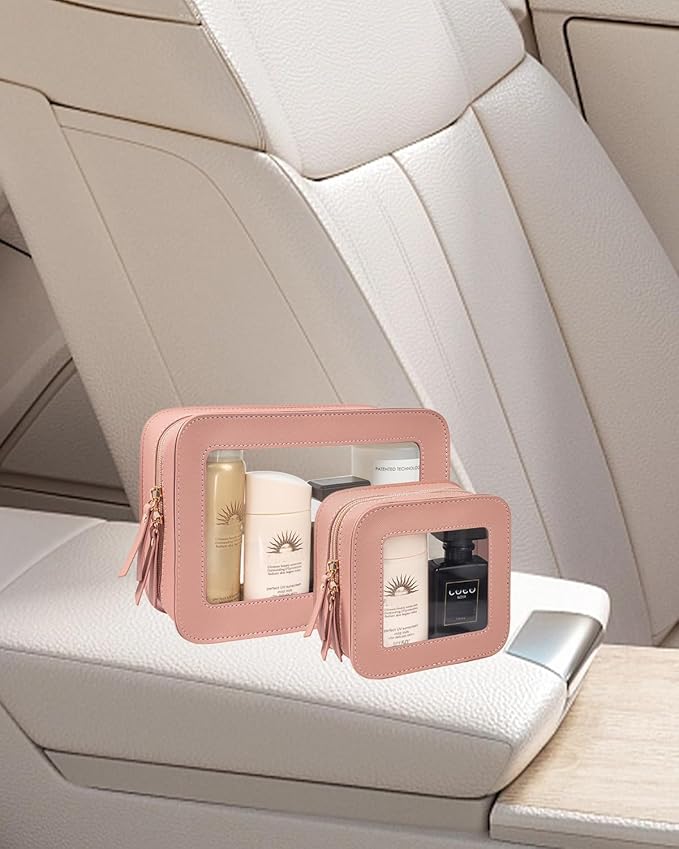 2 Pcs Travel Clear Makeup Bag Set, Clear White Makeup Organizer with Zipper Leather Travel Bags for Toiletries Small Cosmetic Bags for Women Mini Make up Pouch Toiletry Bags Car Essentials