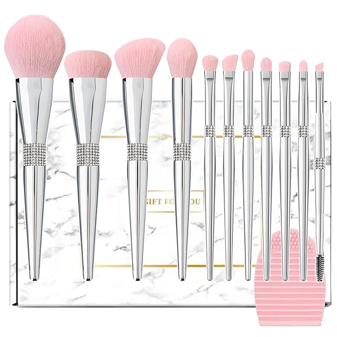 Professional Makeup Brush Set Luxury 11pcs Silver Glitter Crystal Make Up Brush Kit Vegan Soft Synthetic Hair Foundation Eyeshadow Eyebrow Lip Cosmetic Brush Set With Gift Box For Girl