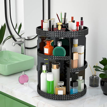 Black 360 Makeup Organizer Degree Rotating, 7 Layers Large Capacity Cosmetic Storage, Acrylic Makeup Organizers, Organizador De Perfumes Fits Makeup Brushes, Lipsticks, Bathroom, Black
