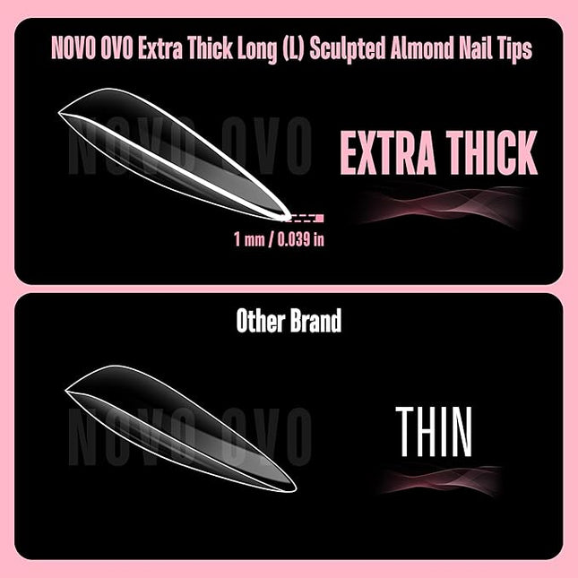 NOVO OVO Long Almond Nail Tips SCULPTED (Not NATURAL) for Curved Nail Beds, Extra Thick L Length False Nails Press on, Full Cover Soft Gel Fake Nail Extension, Salon DIY x 15 Sizes 450 pcs