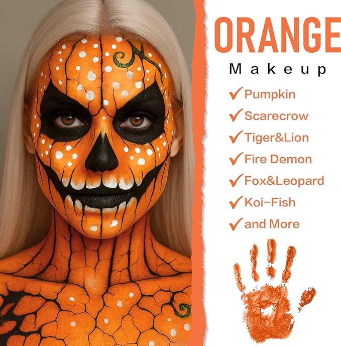 BOBISUKA Orange Face Body Paint, Water-Based Face Painting Kit & Body Paints, Kids Adults Facepaint for Halloween Pumpkin Scarecrow Fox Leopard & Tiger Makeup, Costume Cosplay Party Theater & Stage