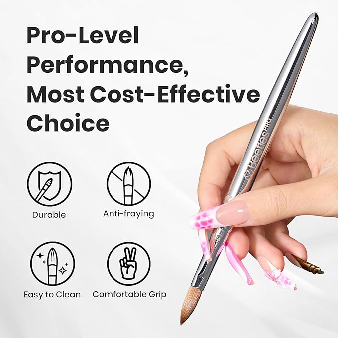 Beetles Pro 1-Pcs Acrylic Nail Brush – Professional Pure Bristles Kolinsky Acrylic Brushes for Nails Metallic Nail Art Brushes for Nails Extension Gel, 3D Carving – Salon Quality Manicure Tool (12#)