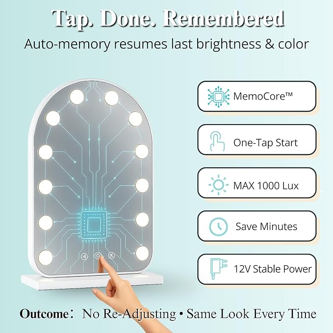 LUXFURNI Hollywood Mirror with Lights Makeup Mirror for Bedroom, Vanity Arched Mirror with 12 Dimmable Bulbs Smart Touch Control 3 Color Lighting Modes