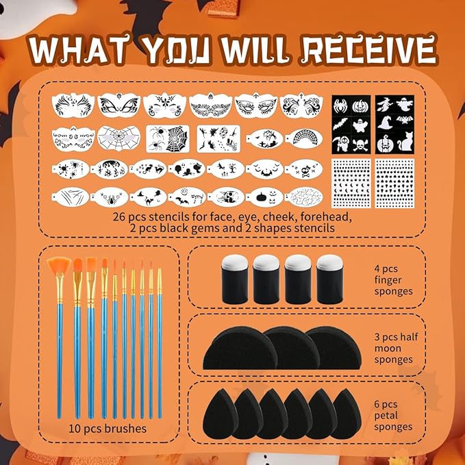 63 pcs Halloween Face Painting Stencils Kit, 38 pcs Reusable Face Body Paint Stencils Templates, 10 Brushes, 13 pcs Sponges, 2 Black Gems for Halloween Makeup Depvision Face Paint Accessory Kit