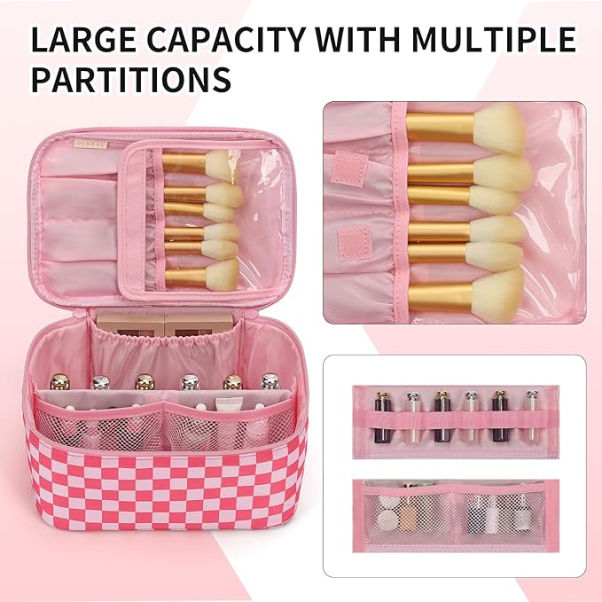 OCHEAL Makeup Bag Portable Cosmetic Bag For Women, Large Capacity Travel Makeup Case Organizer, Toiletry Bag for Girls Traveling With Handle and Divider-Pink