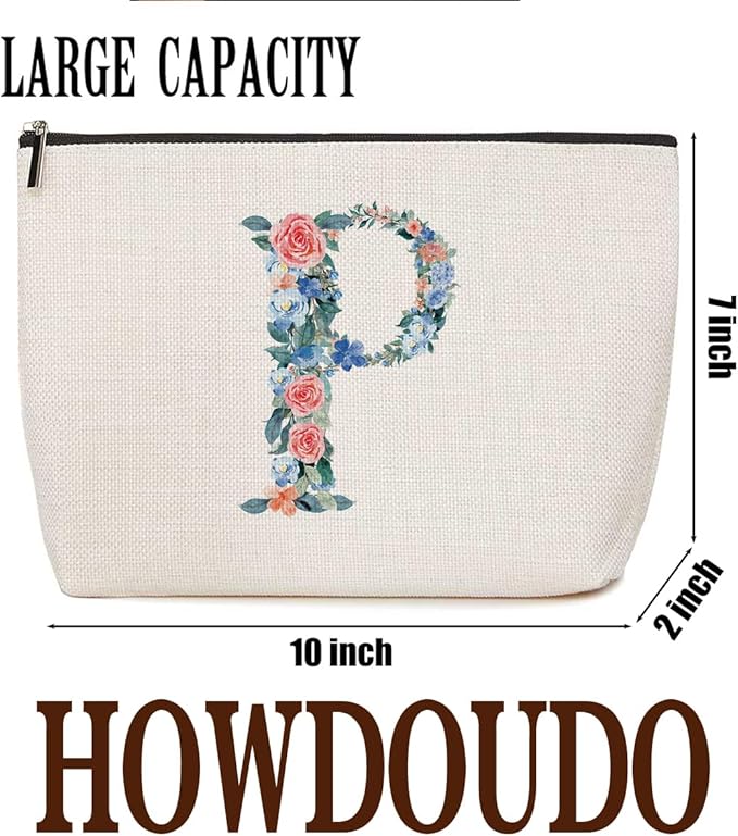 Initial Makeup Bag Monogrammed Travel Toiletry Bag Monogram Cosmetic Bag Birthday Christmas Bridal Shower Bridesmaid Gifts Personalized Gifts for Women Bride Teacher Sister Nurse, Floral Letter P