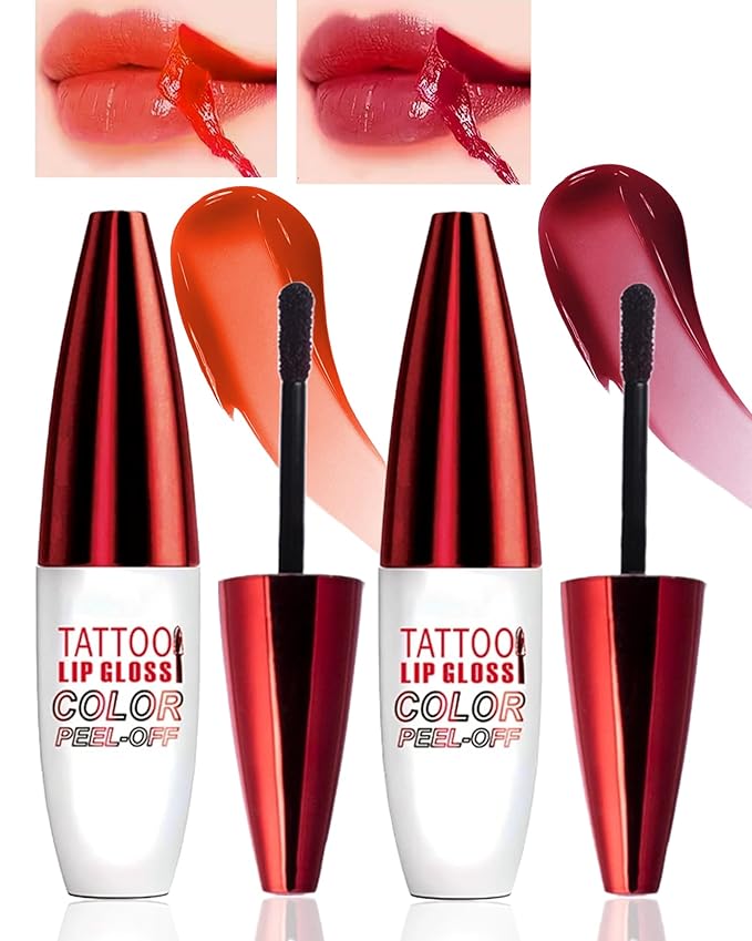 2 Pcs Red Nude Pink Peel Off Lip Stain,Matte Peel Off Lip Gloss Long Lasting Lip Liner Stain Peel Off Lip Tint, Waterproof Lip Liner Stain High Pigmented Lipstick Women's Lip Color Makeup Gift-03+04