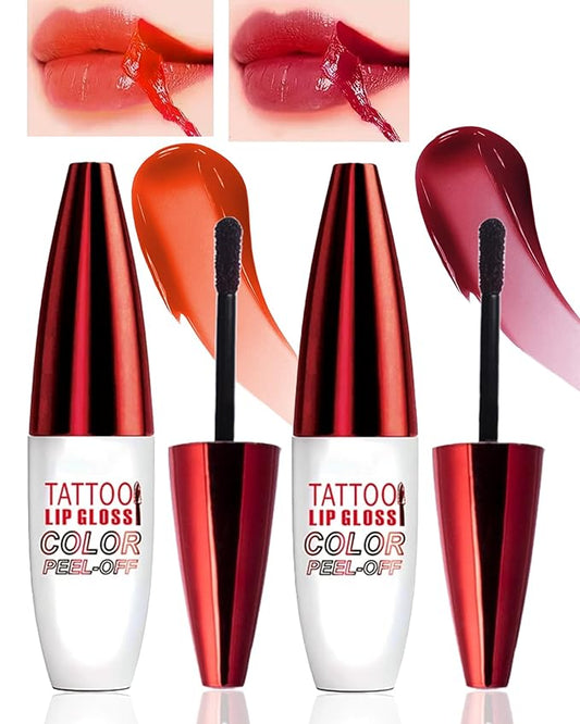 2 Pcs Red Nude Pink Peel Off Lip Stain,Matte Peel Off Lip Gloss Long Lasting Lip Liner Stain Peel Off Lip Tint, Waterproof Lip Liner Stain High Pigmented Lipstick Women's Lip Color Makeup Gift-03+04