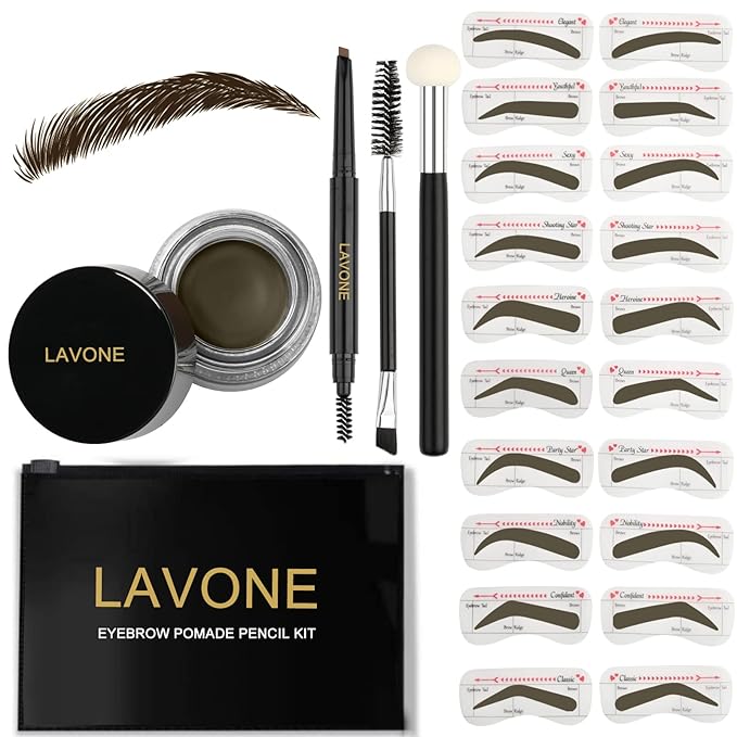 LAVONE Eyebrow Stamp Stencil Kit for Eyebrows, Brow Stamp Trio Kit with Waterproof Eyebrow Pencil, Eyebrow Pomade, 20 Eyebrow Stencils, Dual-ended Eyebrow Brush and Sponge Applicator - Ebony